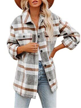 Womens Plaid Flannel Shacket Oversized Button Down Shirt Jacket Cozy Fall Winter